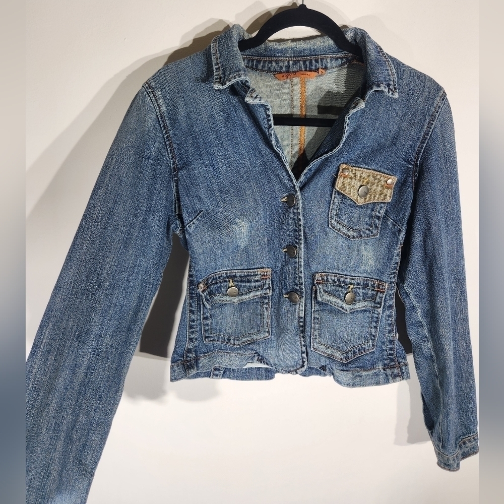 Y2K Jean Jacket Womens Small Patch Elbows Vintage 90s - Picture 2 of 9